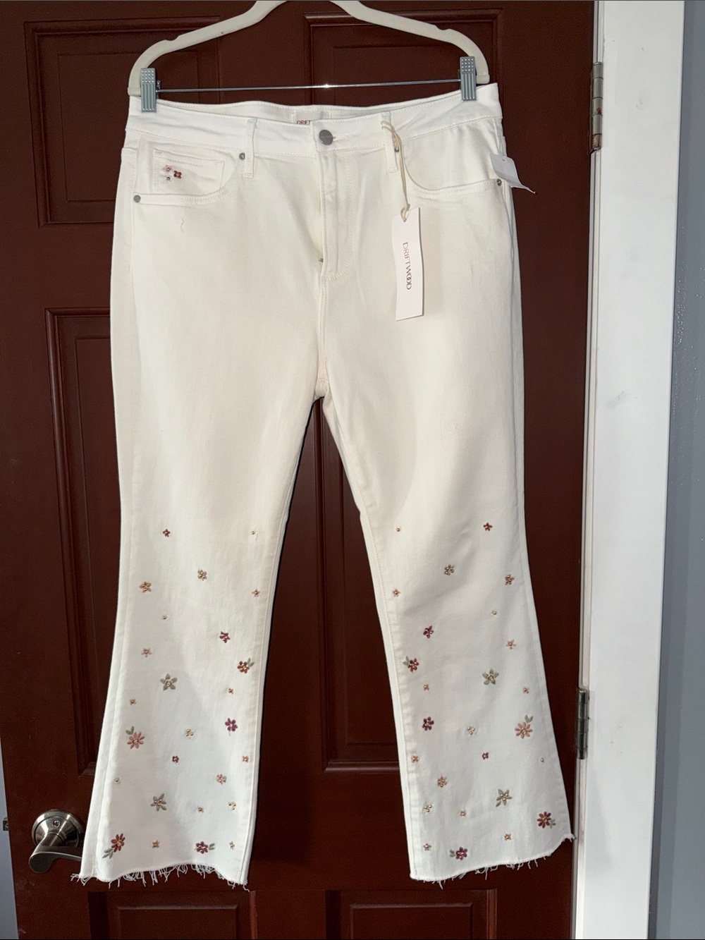 DRIFTWOOD Cream Flare Jeans with Multicolor Floral Embroidery